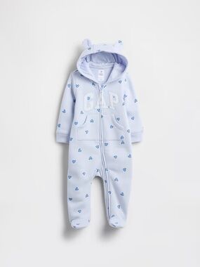 GAP Light Blue Hooded Footed One-Piece with Blue Hearts